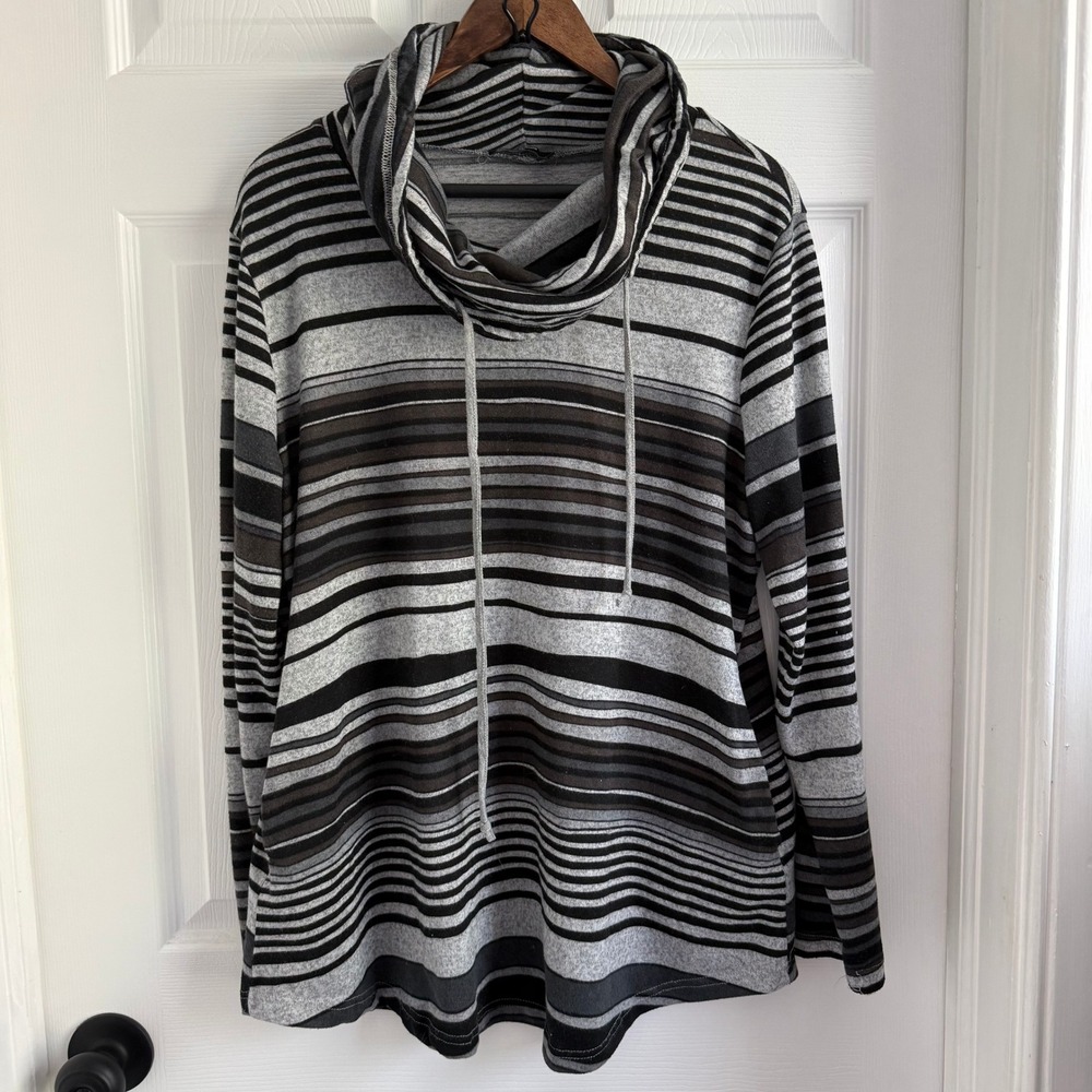 Lotusmile Womens XXL Cowl Neck Striped Tunic Top Grey Black Long Sleeve Pullover